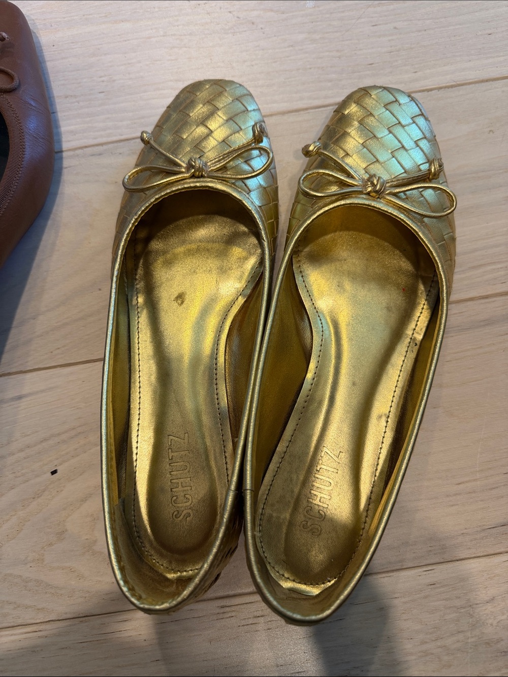 SCHUTZ Metallic Gold Woven Ballet Flats with Bow